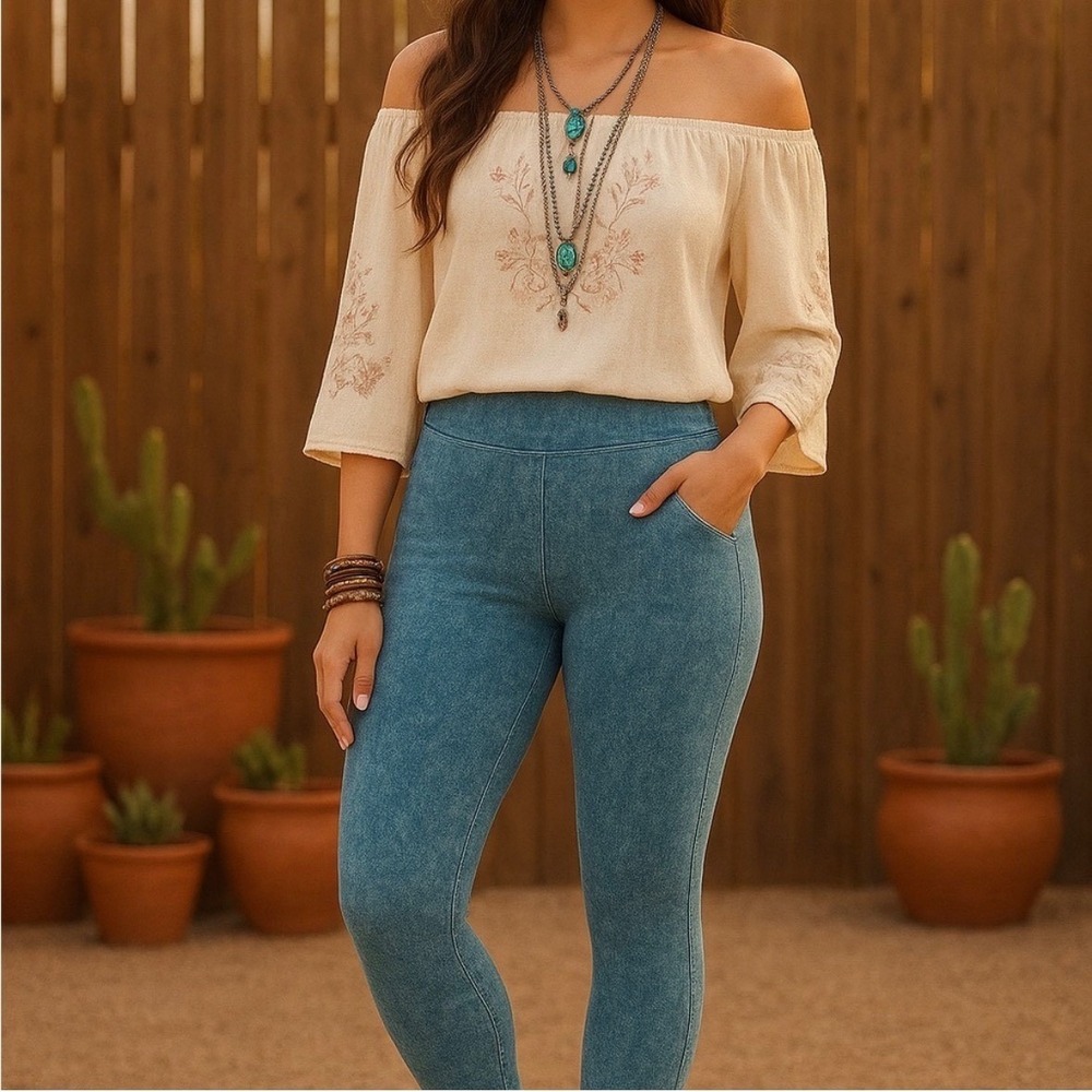 NWT Chatoyant Women's Teal Blue High Rise Yoga Waist Mineral Wash Leggings Sz L